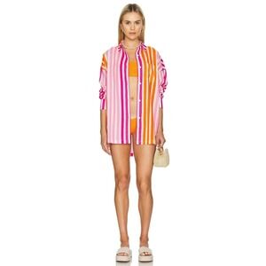 Beach Riot Pink Orange Striped Oversized Cotton Button Down Shirt Cover UpS/M